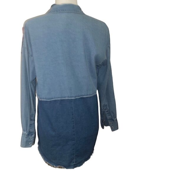 Zara Trafaluc Collection Distressed Two Toned Denim Button Down Shirt Size Mediu - Picture 5 of 8